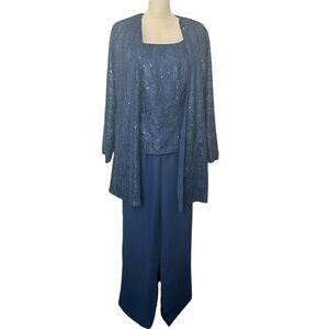 Blue 3-Piece Dressy Pants Set | Sequined Jacket & Shell | Fully Lined |Size 16